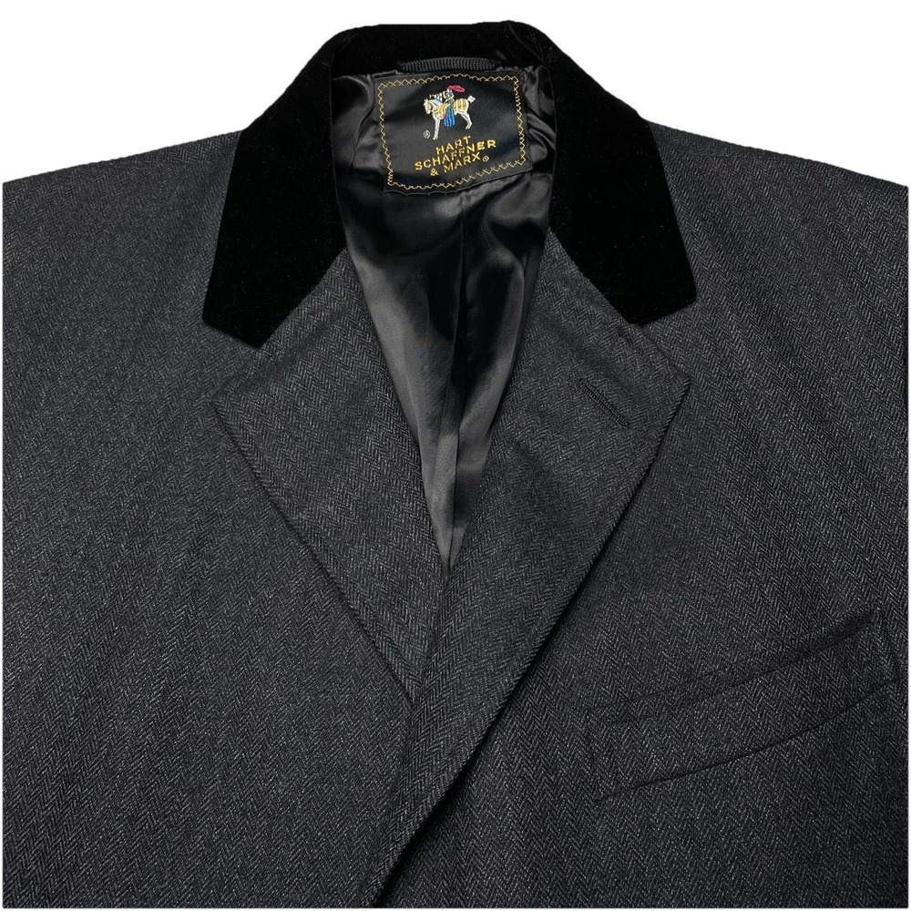 60s Hart Schafner Marx Overcoat (L) Velvet Collar Wool Herringbone Dark Gray